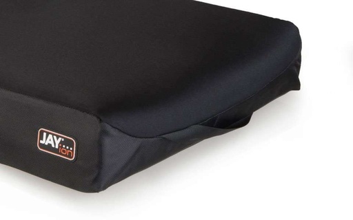 Jay Ion wheelchair cushion assembled in its black outer cover, showing the JAY Ion logo patch on the front corner