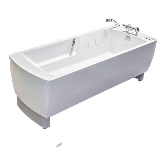 Avero Comfort tub on a white ground, with recessed armrests and chrome handles