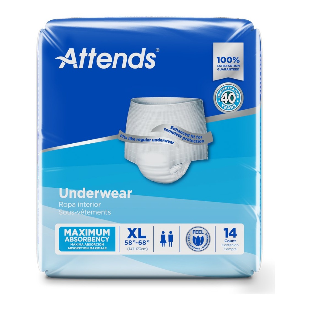 Front of the Attends Underwear X-Large bag showing its 14 Count panel