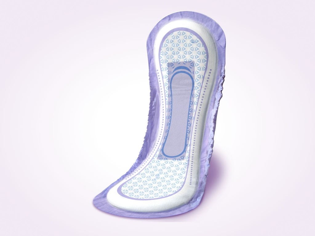 A single Poise long bladder leak pad, curved to show its shaped core