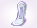 A single Poise long bladder leak pad, curved to show its shaped core