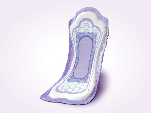 A Poise pad, curved to show its shaped absorbent core and patterned top sheet