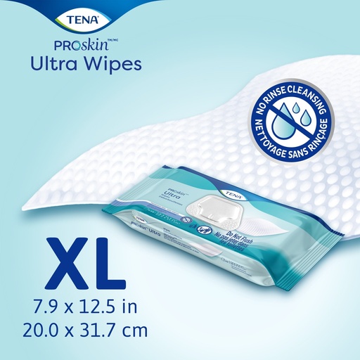 One adult-sized TENA ProSkin Ultra wipe, the XL cloth shown on its own