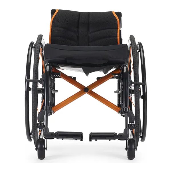 Front view of a Quickie QS5 X folding wheelchair with its orange frame and ovalized crossbrace