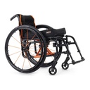 Side view of a Quickie QS5 X folding wheelchair showing its orange frame, caster fork and wheel lock