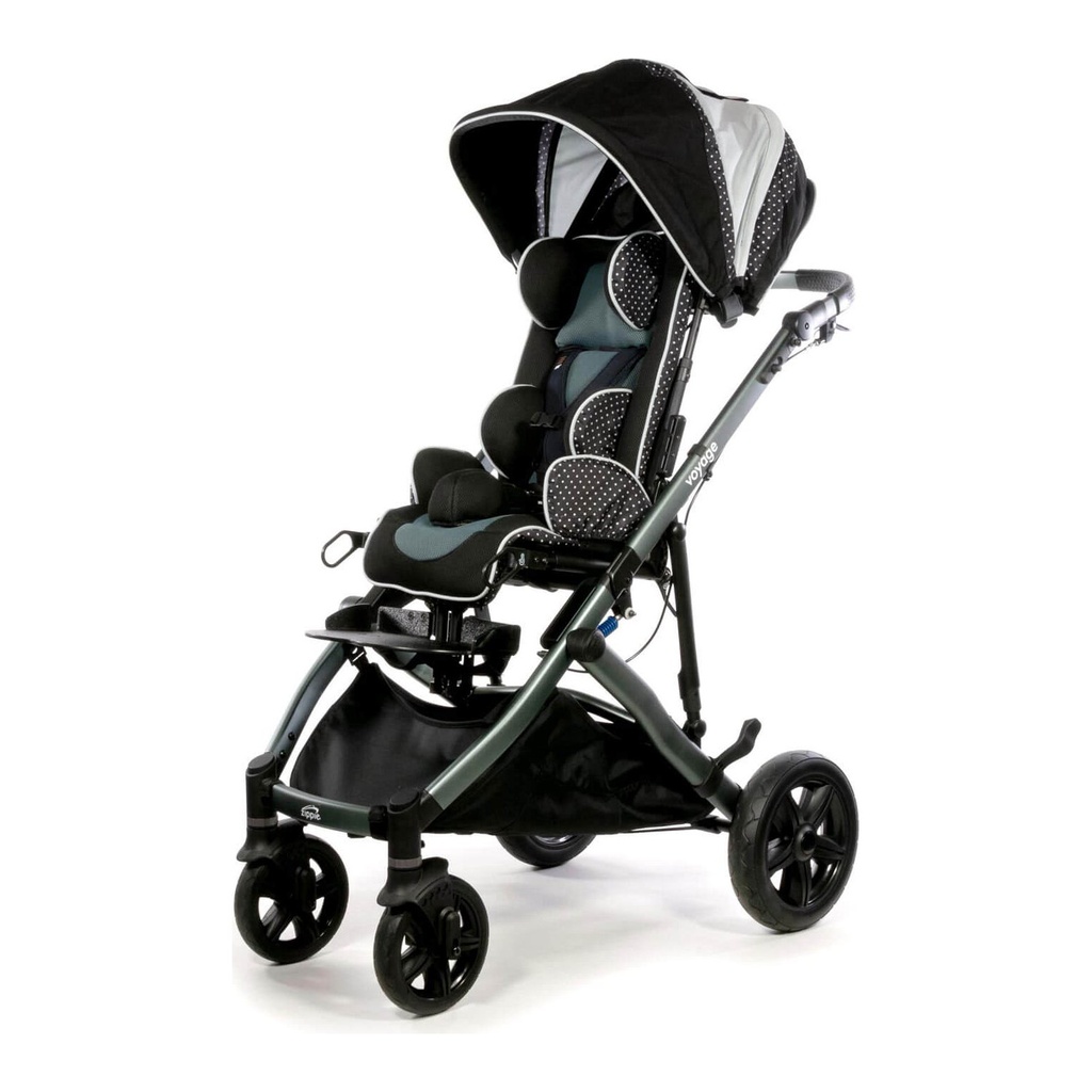 Zippie Voyage early intervention stroller, grey frame, polka-dot seat and black canopy