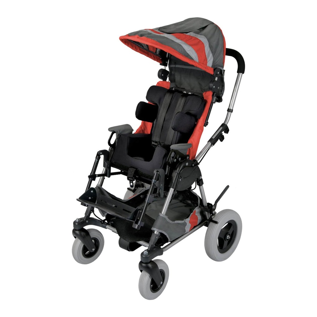 Zippie Xpress early intervention stroller in red and grey, front three-quarter view