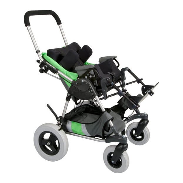 Zippie Xpress tilted rearward, green canopy, footplate raised at the front
