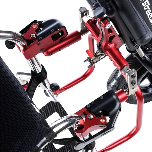 Empulse StreetJet Outdoor Handbike. Red One Touch clamps gripping chrome wheelchair tubes beside the StreetJet frame
