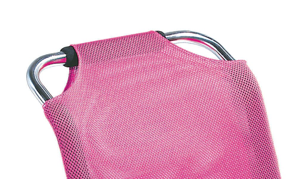 Pink nylon mesh and a silver frame tube on a Leckey Advance bath chair