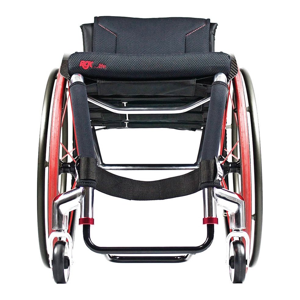 Front view of a Tiga Series aluminium wheelchair with black upholstery and red spokes