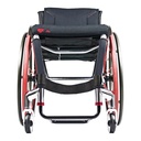 Front view of a Tiga Series aluminium wheelchair with black upholstery and red spokes