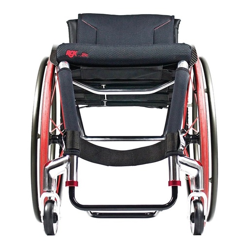 Front view of a Tiga Series aluminium wheelchair with black upholstery and red spokes