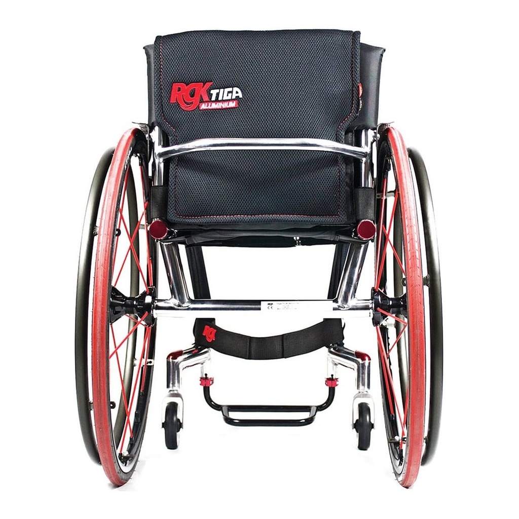 Rear view of a Tiga aluminium wheelchair with the maker's name on the black backrest