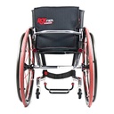 Rear view of a Tiga aluminium wheelchair with the maker's name on the black backrest