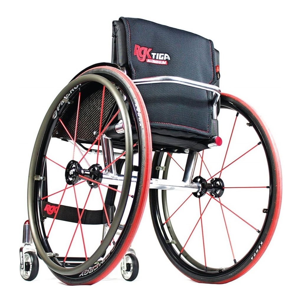 Rear three-quarter view of a Tiga aluminium wheelchair with red spokes and a black seat