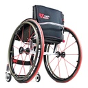 Rear three-quarter view of a Tiga aluminium wheelchair with red spokes and a black seat