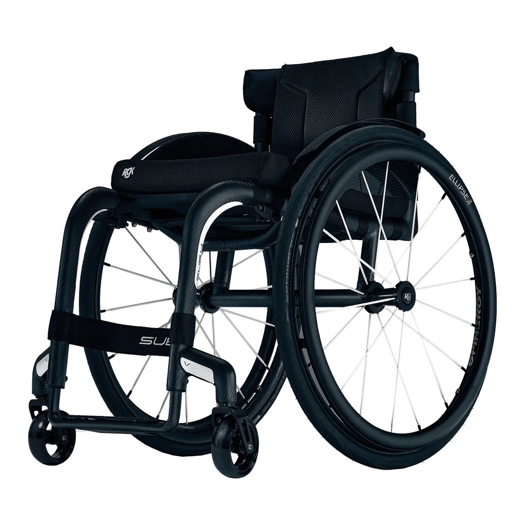 RGK Veypr Sub4 carbon wheelchair in black with white spokes, three-quarter view