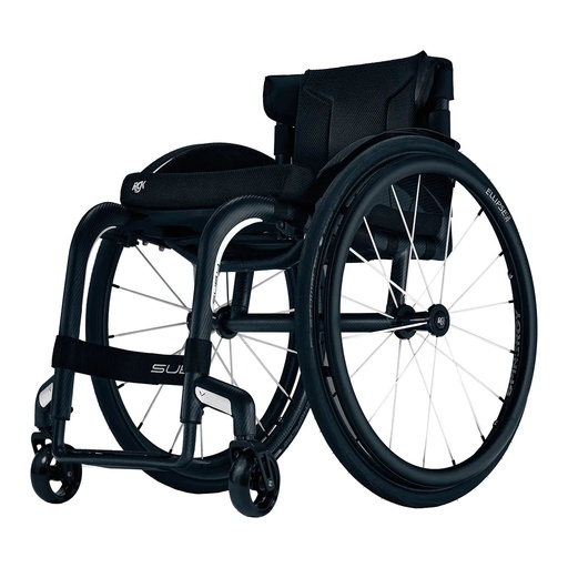 RGK Veypr Sub4 carbon wheelchair in black with white spokes, three-quarter view