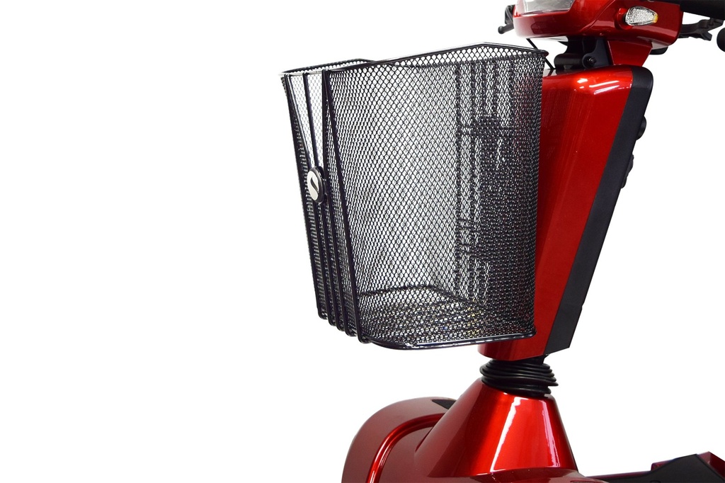 The black mesh wire front basket that comes with the S425, hanging on the tiller