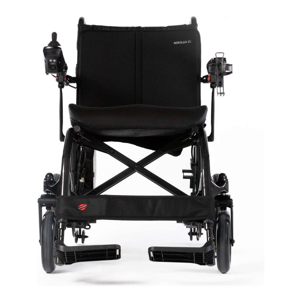 Aerolux 2C folding power chair from the front, mesh backrest marked Aerolux 2C and plush seat cushion