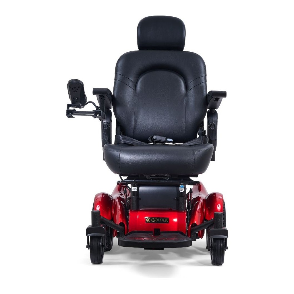 Rear view of the Golden Compass HD GP620 in red with the captain's seat and centre drive wheels