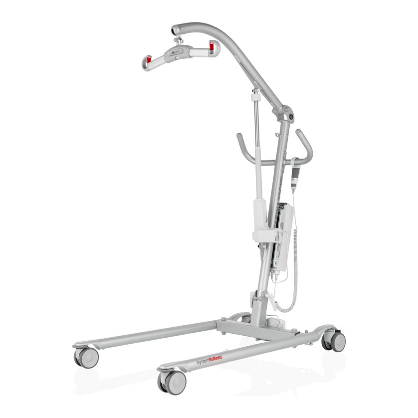 Front view of the silver Carina350EE floor lift with the base spread open