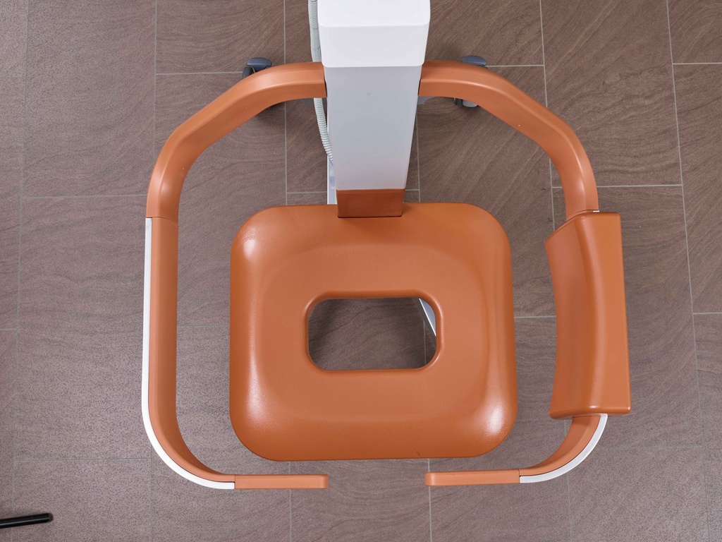 The Eve comfort seat seen from above, showing the large hygiene opening in the orange pad