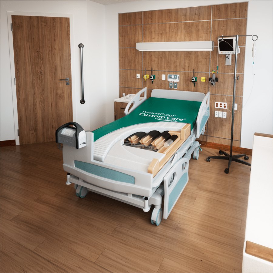 Span America PressureGuard Custom Care Convertible on a bed, green cover open over foam tubes.