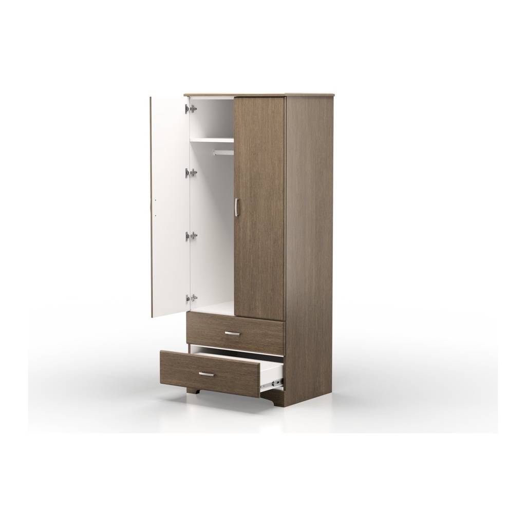 Prestige Trenton wardrobe with one door open and both drawers pulled out, showing the white interior