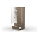 Prestige Trenton wardrobe with one door open and both drawers pulled out, showing the white interior