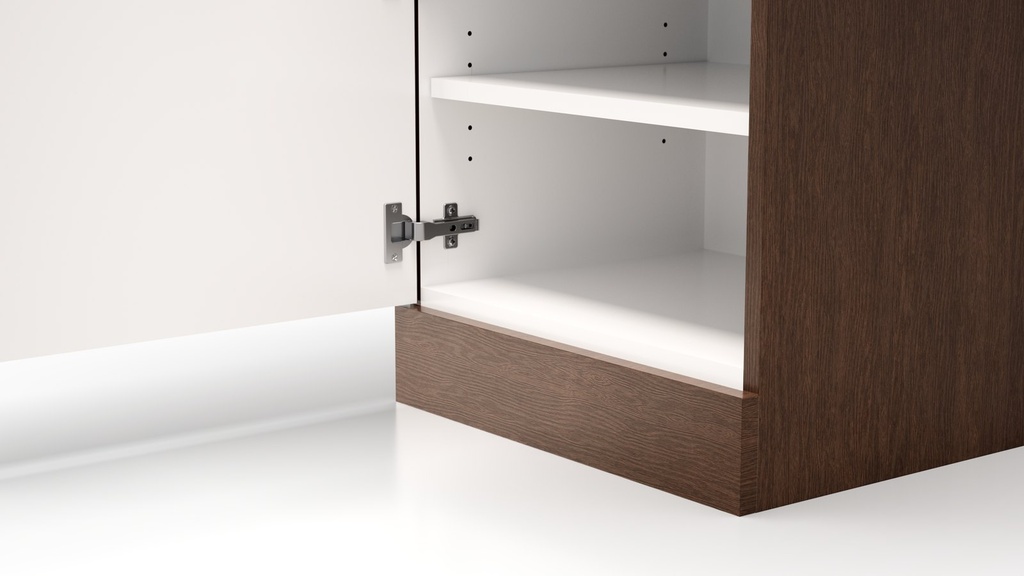 Close view of the concealed hinge and white interior of a Lethbridge bedside cabinet door, held open