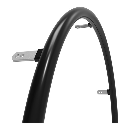Close view of the Lizard grip handrim's black coating and three of its silver mounting tabs