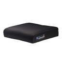 The cushion in a black textured outer cover, seen from the front and slightly above, Blake label on the corner