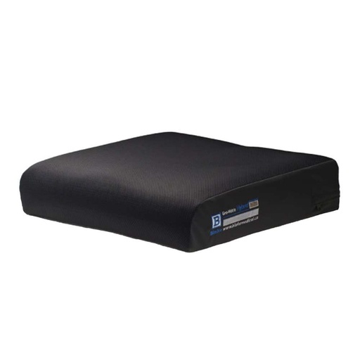 The cushion in a black textured outer cover, seen from the front and slightly above, Blake label on the corner