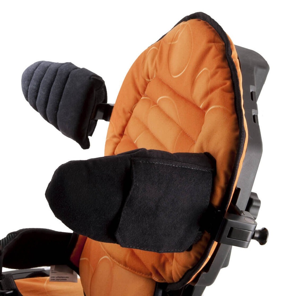 Leckey Mygo Seating System back with an orange cover and lateral pad