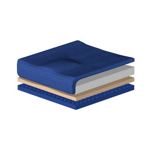 Exploded cross section of the Geo-Matrix Platinum cushion showing its stacked cover, gel and foam layers