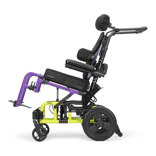 Little Wave Arc tilt wheelchair from the side, showing the frame tilted back on its roller guide