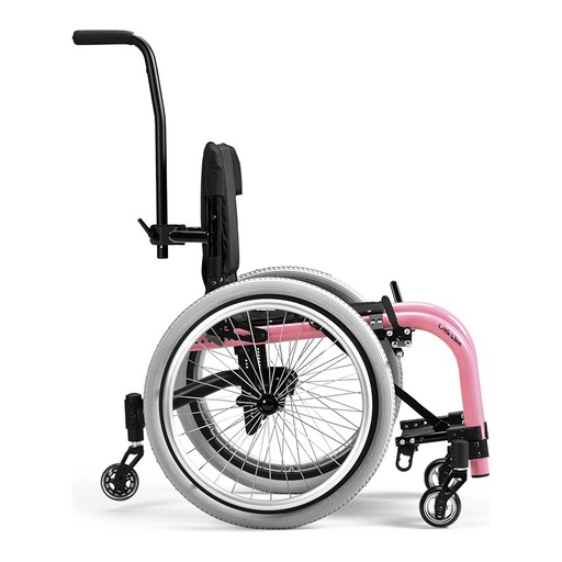 Side view of the Little Wave XP with a pink frame, tall stroller handle, spoked rear wheel and front casters