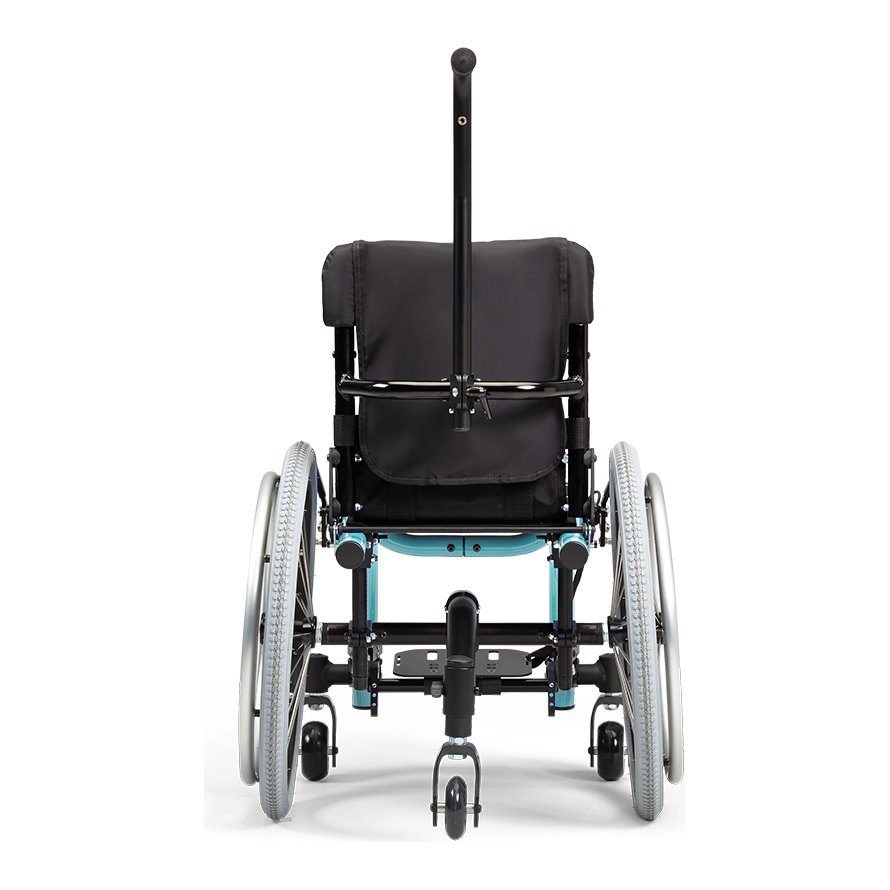Rear view of the Little Wave XP with a teal frame, central stroller handle, rear wheels and the small fifth wheel below
