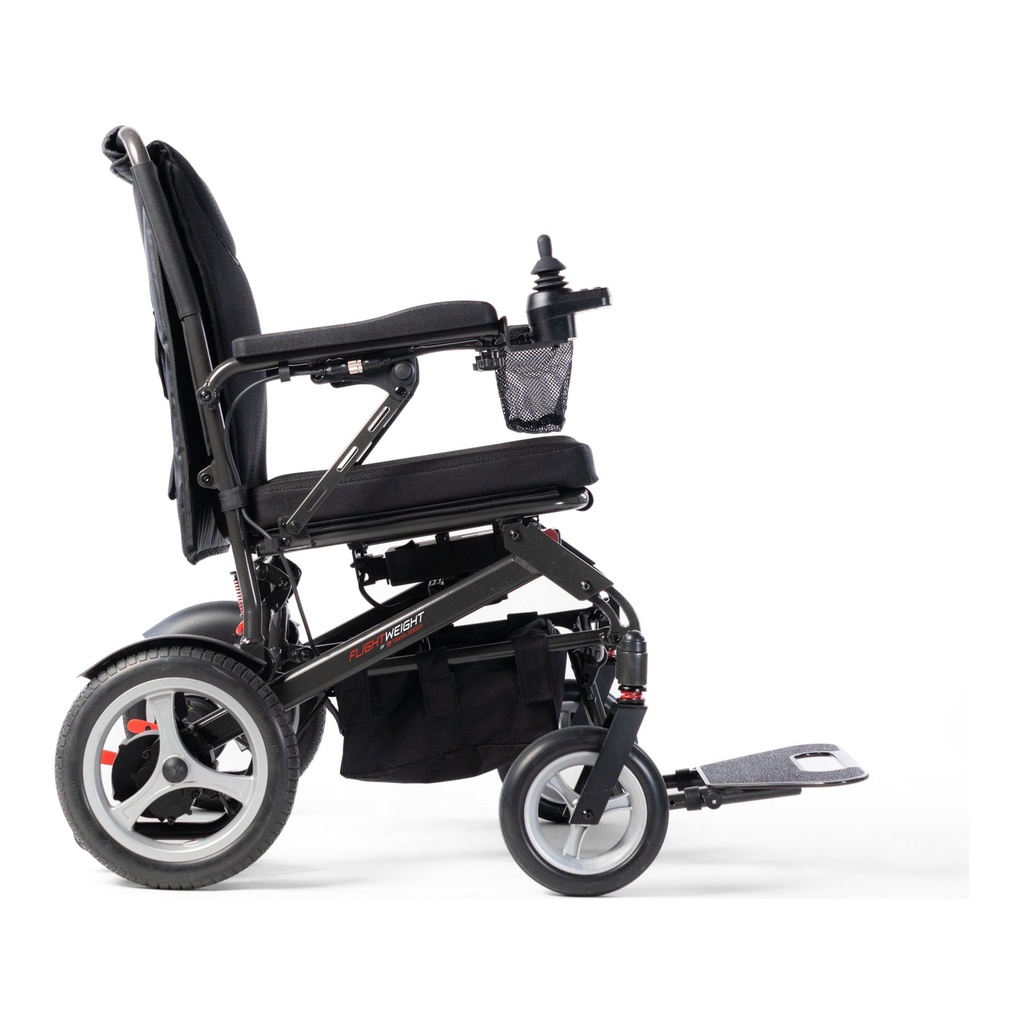 Dash 3 folding power chair from the right side, showing the 12 in rear wheels and footplate