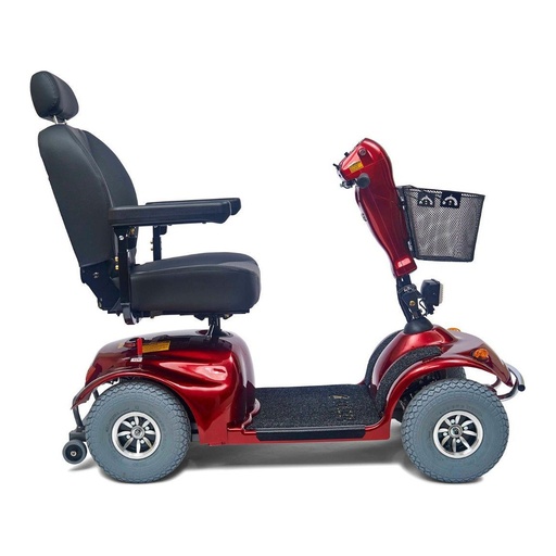 Red Avenger 4-wheel scooter from the left, showing the seat and wide foot deck