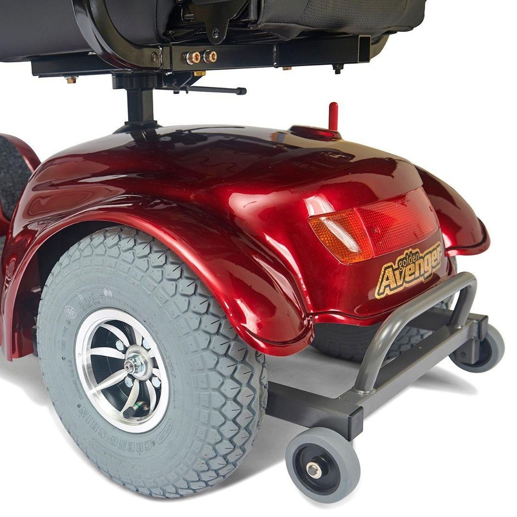 Rear wheel, chrome bumper and anti-tipper wheel on the Avenger scooter