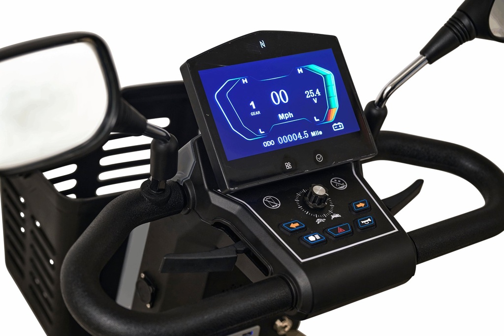 Colour LCD console on the Eagle All Terrain GR596 tiller, showing its gauges