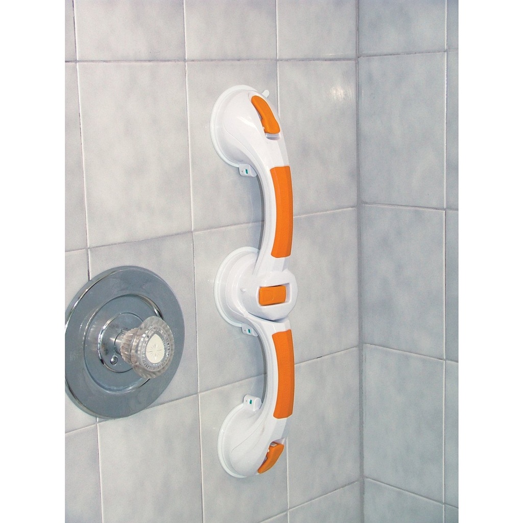 The rotating grab bar pressed onto a tiled shower wall beside the taps