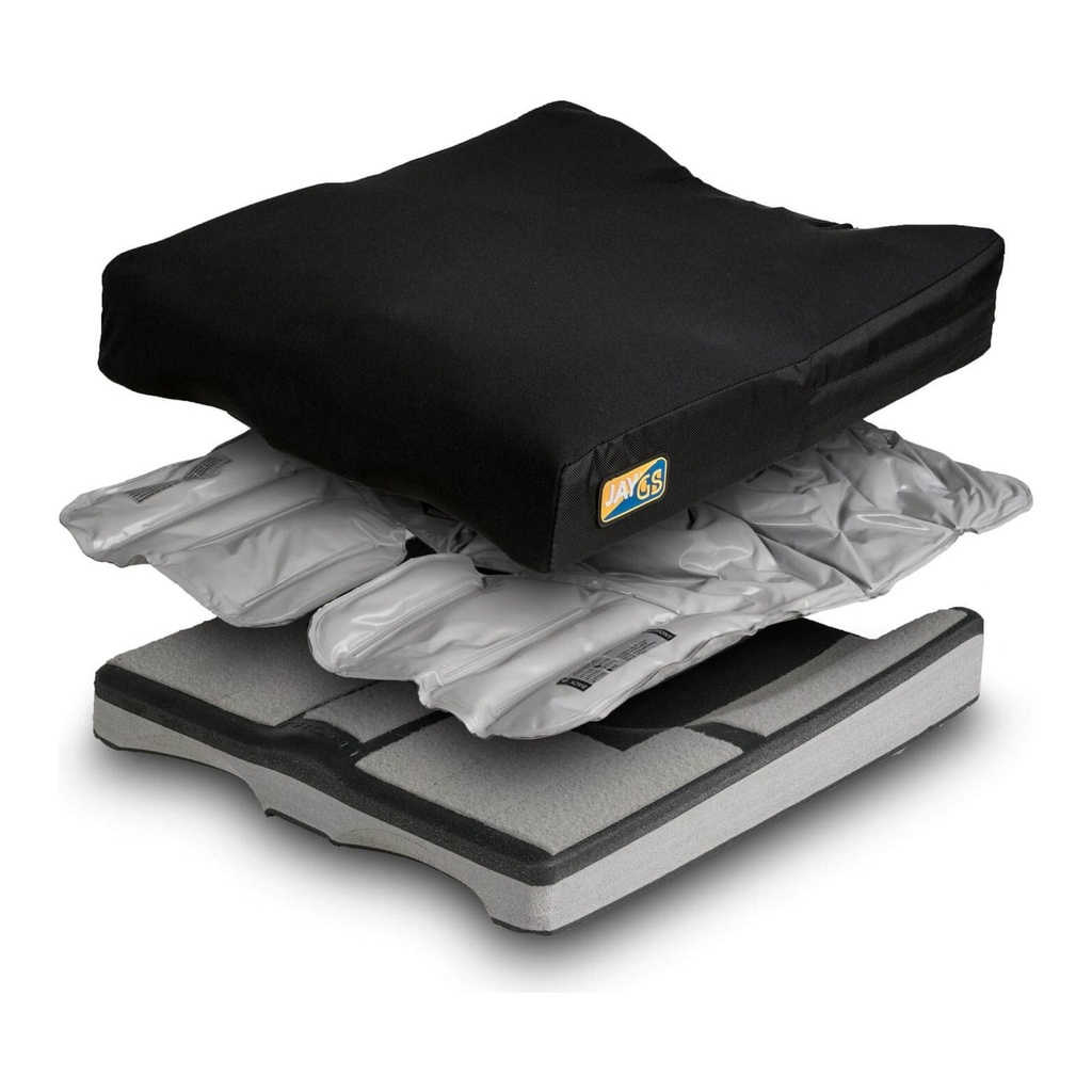 JAY GS Cushion layers apart: stretch cover, grey fluid pad and the contoured foam base
