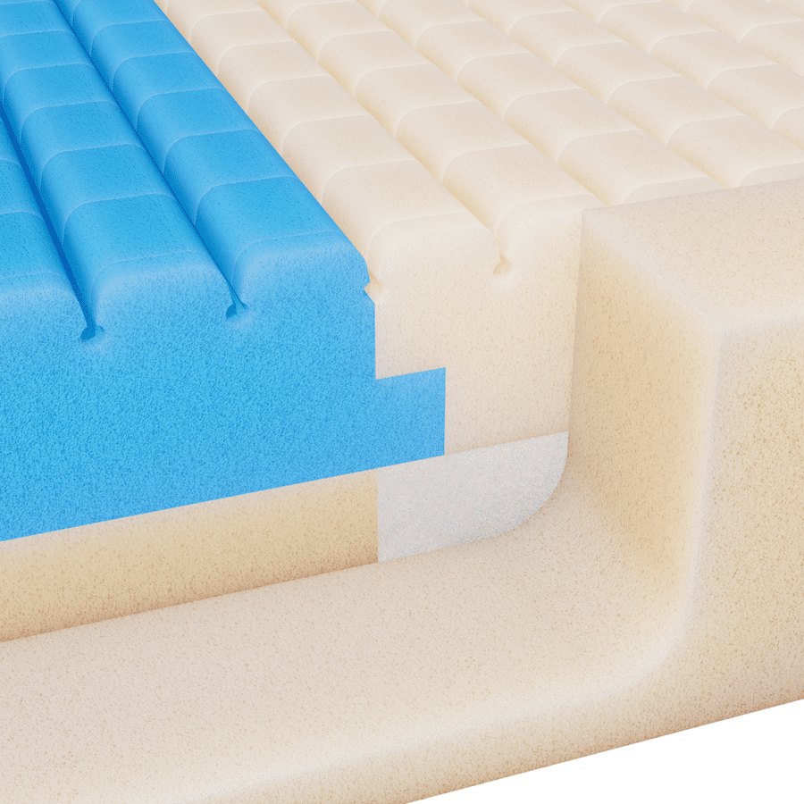 Geo-Mattress UltraMax cross-section, blue top layer over a firmer white base.