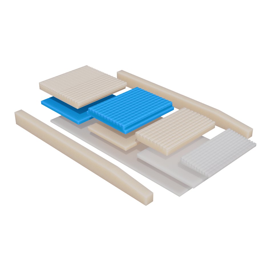 Span America Geo-Mattress UltraMax pulled into layers, blue top over white and grey foam.