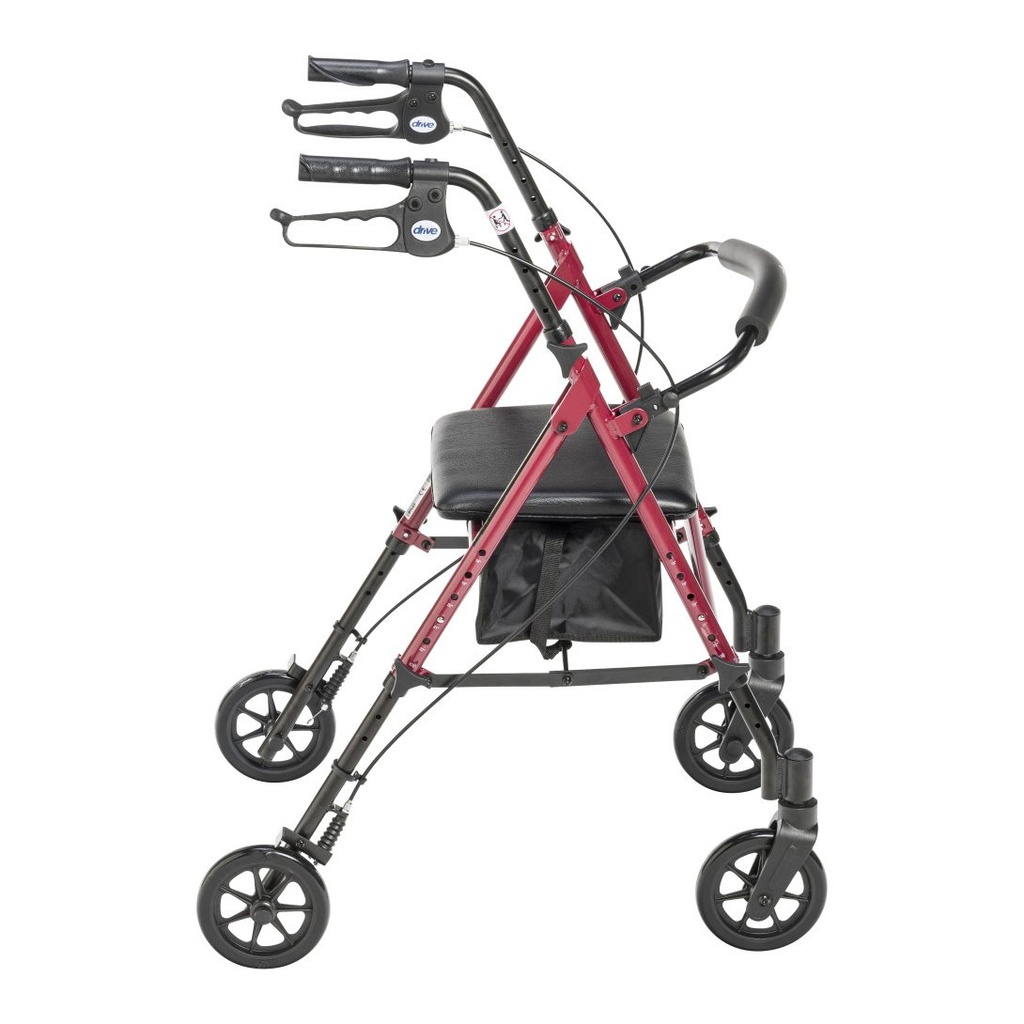 Side view of the red Drive rollator halfway folded, showing the leg height holes and brake cables
