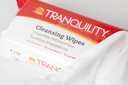 Close-up of the Tranquility Cleansing Wipes label beside a folded 9 x 13 inch wipe